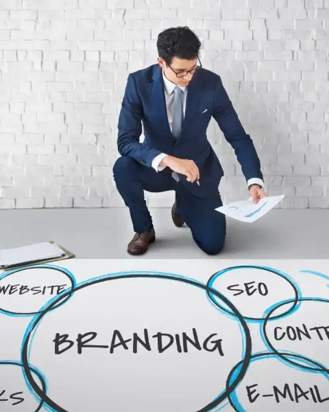 Businessman kneeling over a diagram showing a central circle labeled BRANDING connected to other services like SEO and WEBSITE.